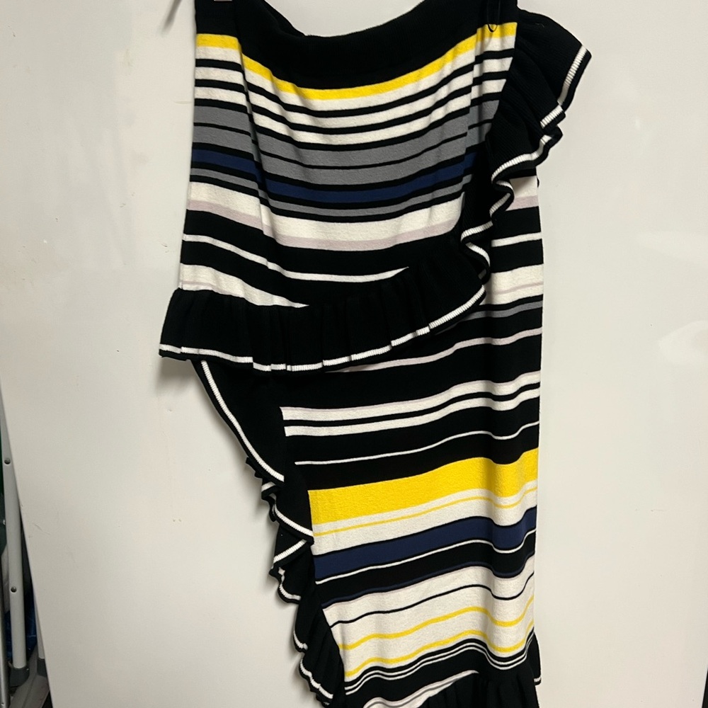 Ronny Kobo Collection Asymmetrical Skirt - Black, White, Yellow, Blue Stripes